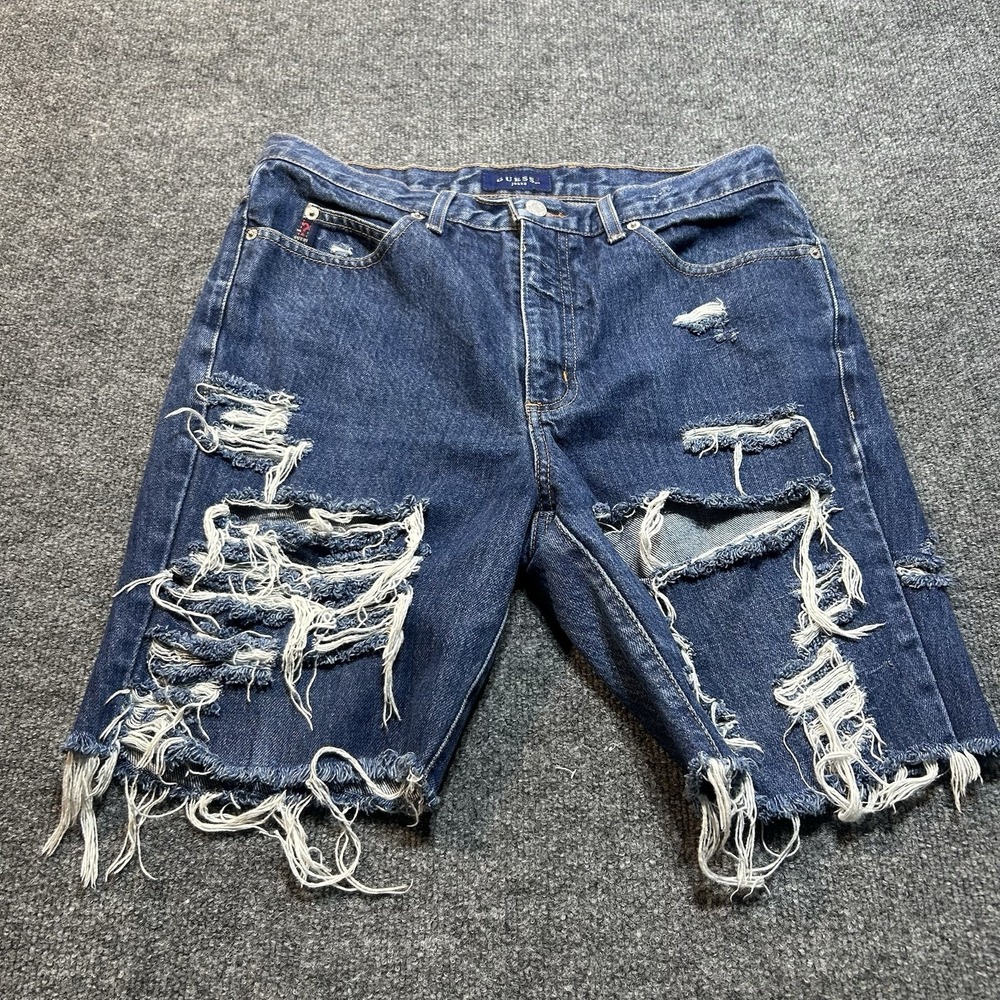 Guess Shorts Size 32 Blue Denim Cotton Stretch Distressed Frayed Hem Outdoor